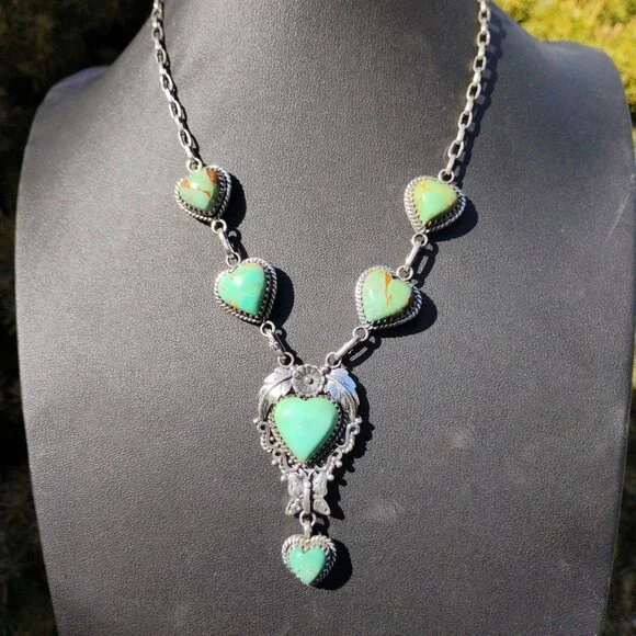 Turquoise Heart Stone Sterling Silver Lariat Necklace Butterfly Flower Southwest - Picture 3 of 12